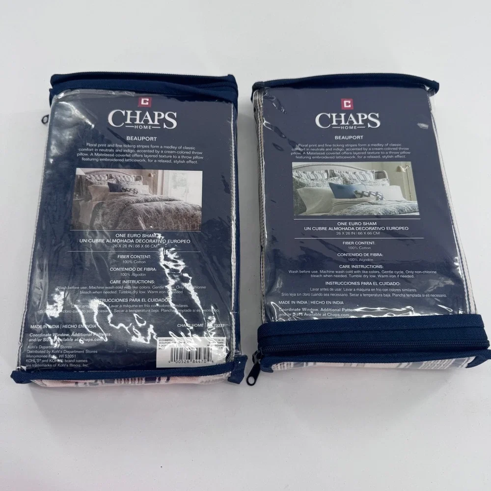 Chaps Beauport Euro Sham Set of 2 Indigo Blue Cream Ticking‎ Stripe 26x26 Cotton